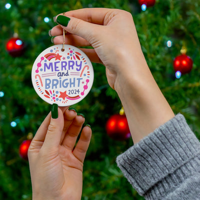 Merry and Bright Ceramic Ornament | Purple and Red