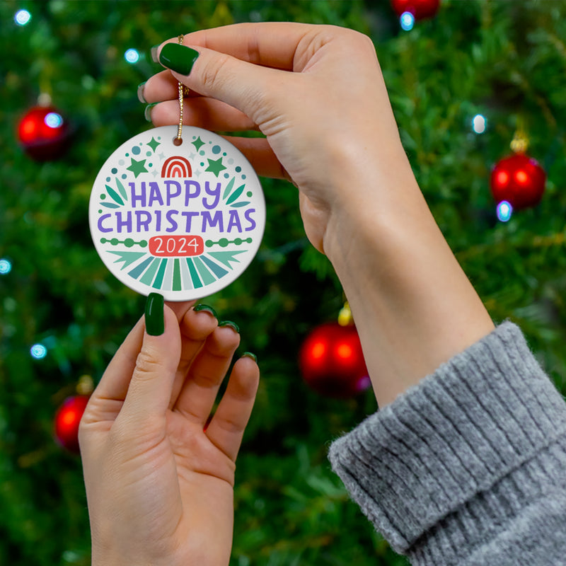 Happy Christmas Ceramic Ornament | Purple and Green