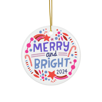 Merry and Bright Ceramic Ornament | Purple and Red