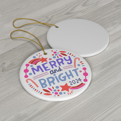 Merry and Bright Ceramic Ornament | Purple and Red