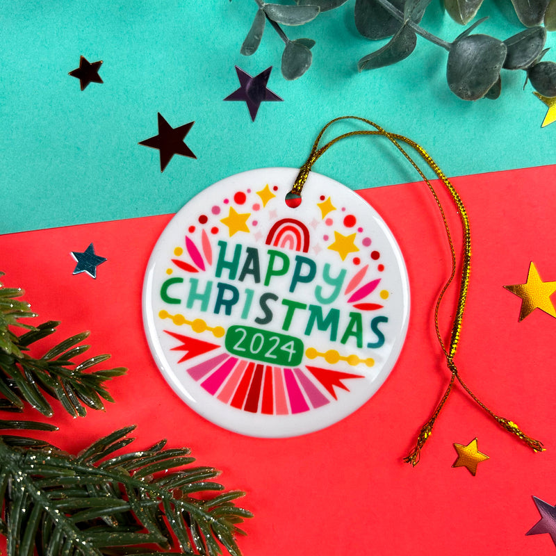Happy Christmas Ceramic Ornament | Multi-Color