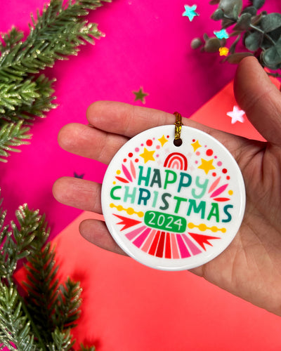 Happy Christmas Ceramic Ornament | Multi-Color