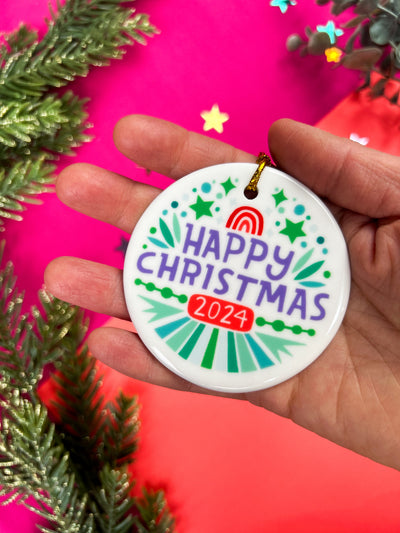 Happy Christmas Ceramic Ornament | Purple and Green