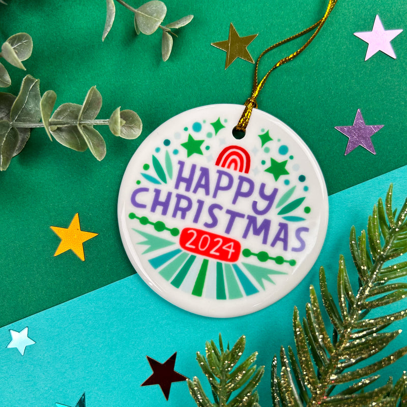 Happy Christmas Ceramic Ornament | Purple and Green