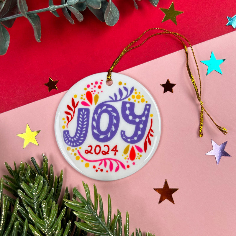 Joy Ceramic Ornament | Purple and Red