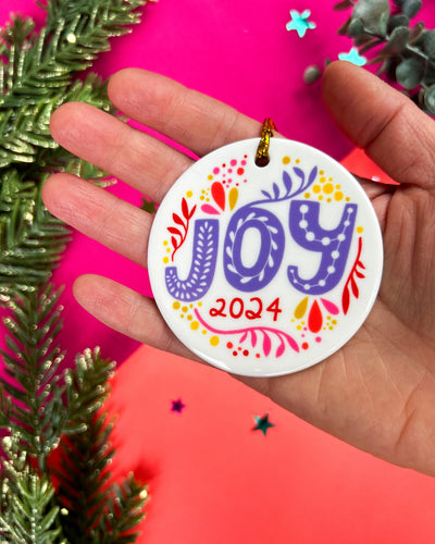 Joy Ceramic Ornament | Purple and Red