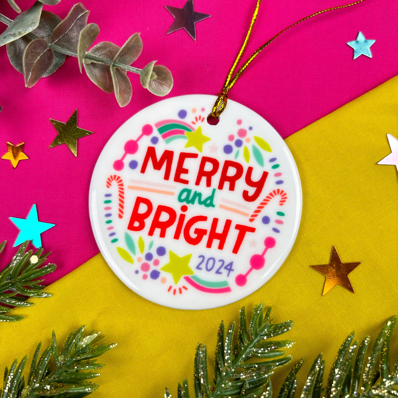 Merry and Bright Ceramic Ornament | Multi-Color