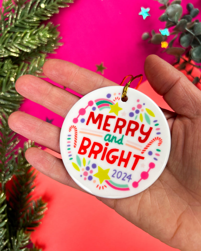 Merry and Bright Ceramic Ornament | Multi-Color