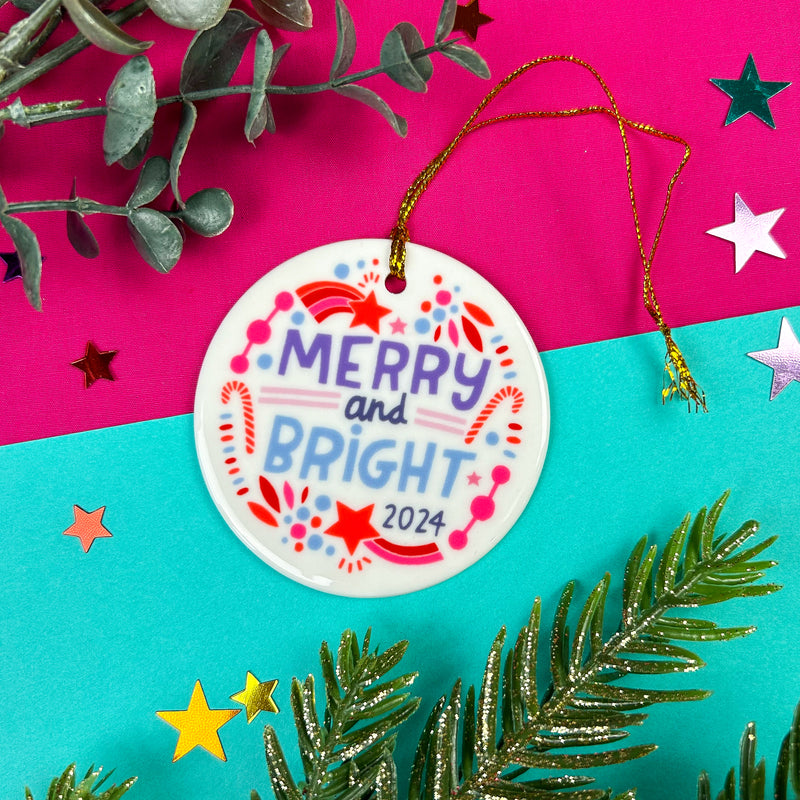 Merry and Bright Ceramic Ornament | Purple and Red