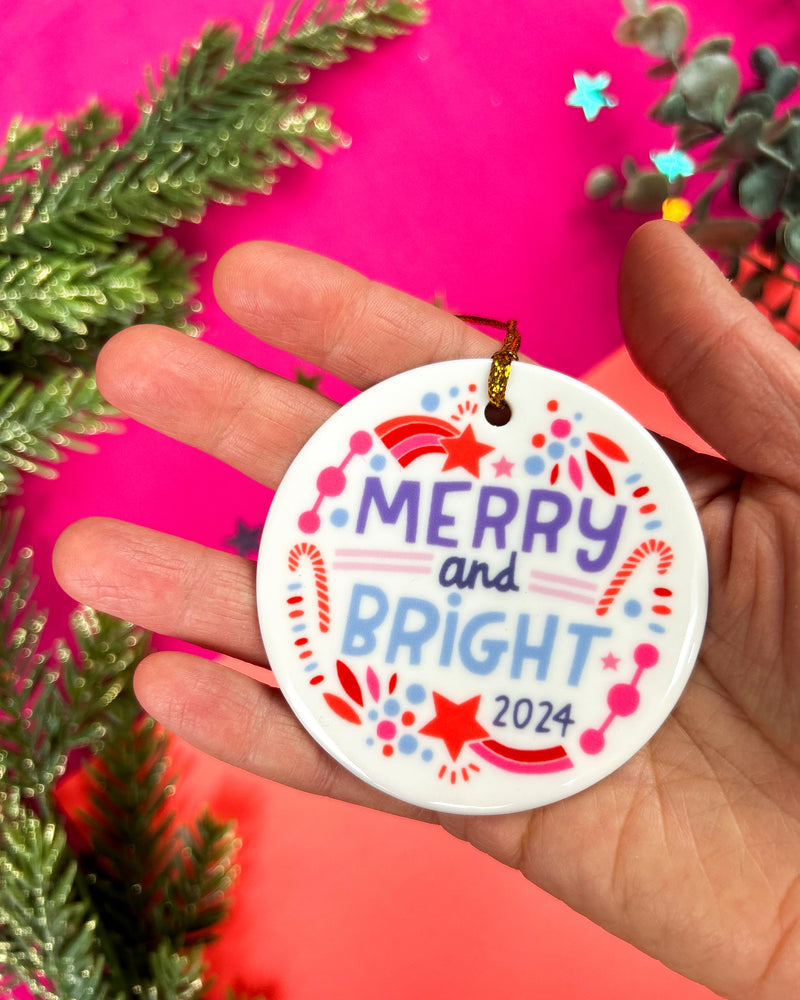 Merry and Bright Ceramic Ornament | Purple and Red